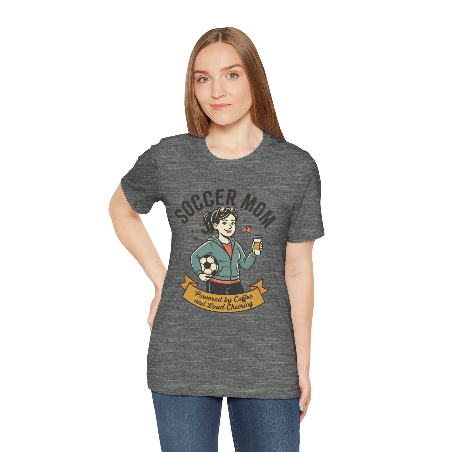 Soccer Mom T-Shirt – “Powered by Coffee and Loud Cheering” Graphic Tee