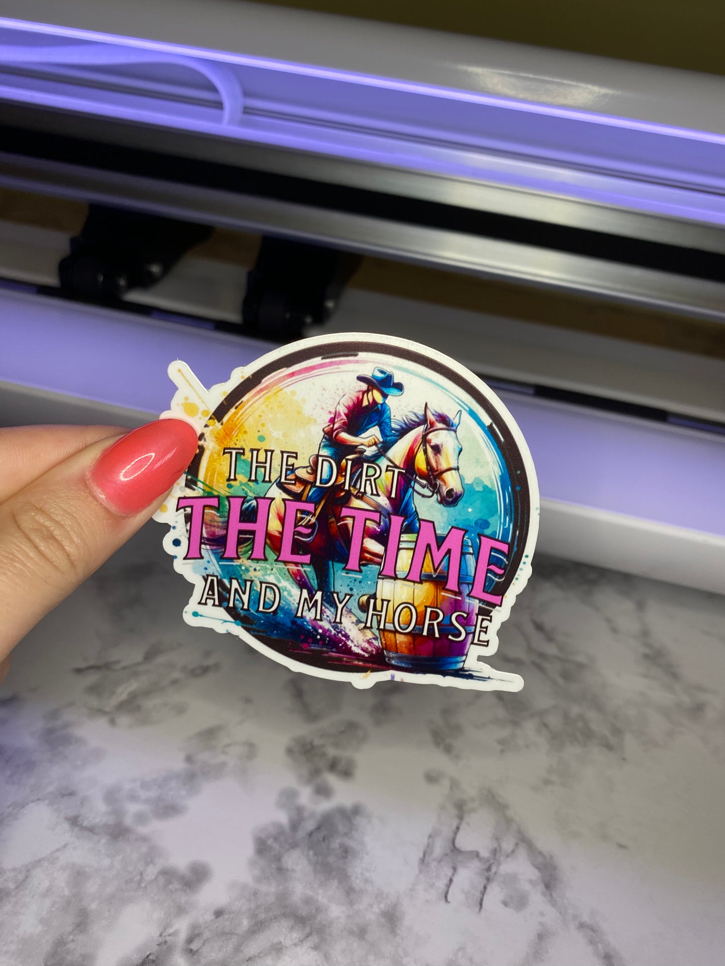 "The Dirt The Time And My Horse" Barrel Racer Bumper Sticker Decal