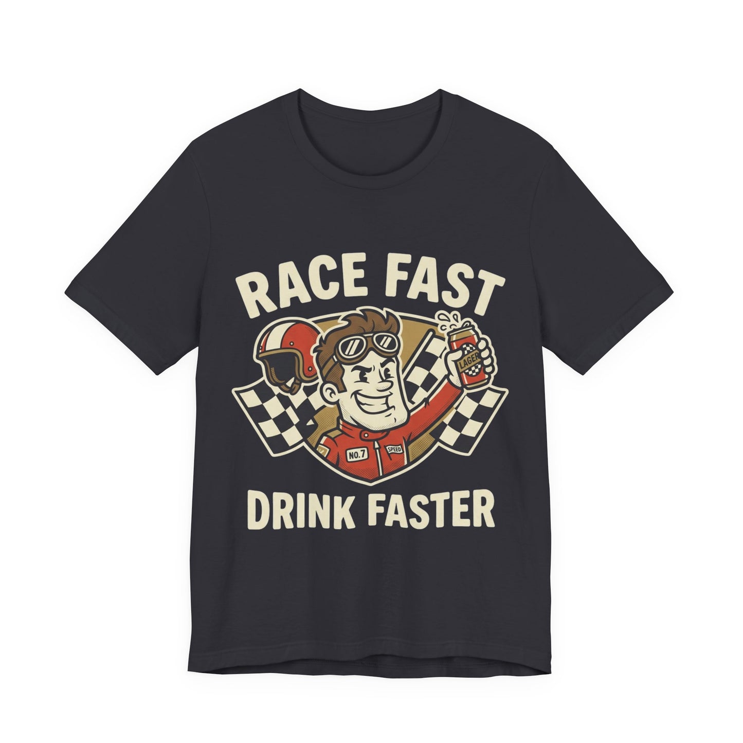 Race Fast Drink Faster Tee — Retro Racing Graphic T-Shirt