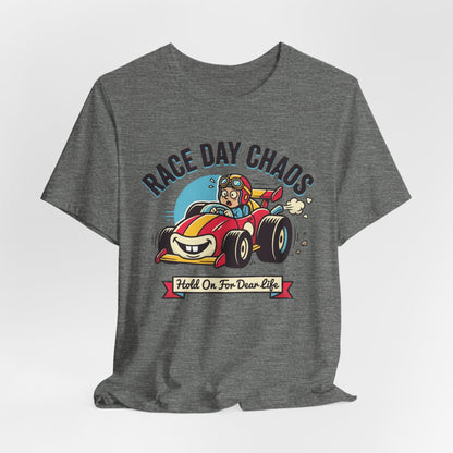 Race Day Chaos Tee — "Hold On For Dear Life" Racing Car Graphic Shirt
