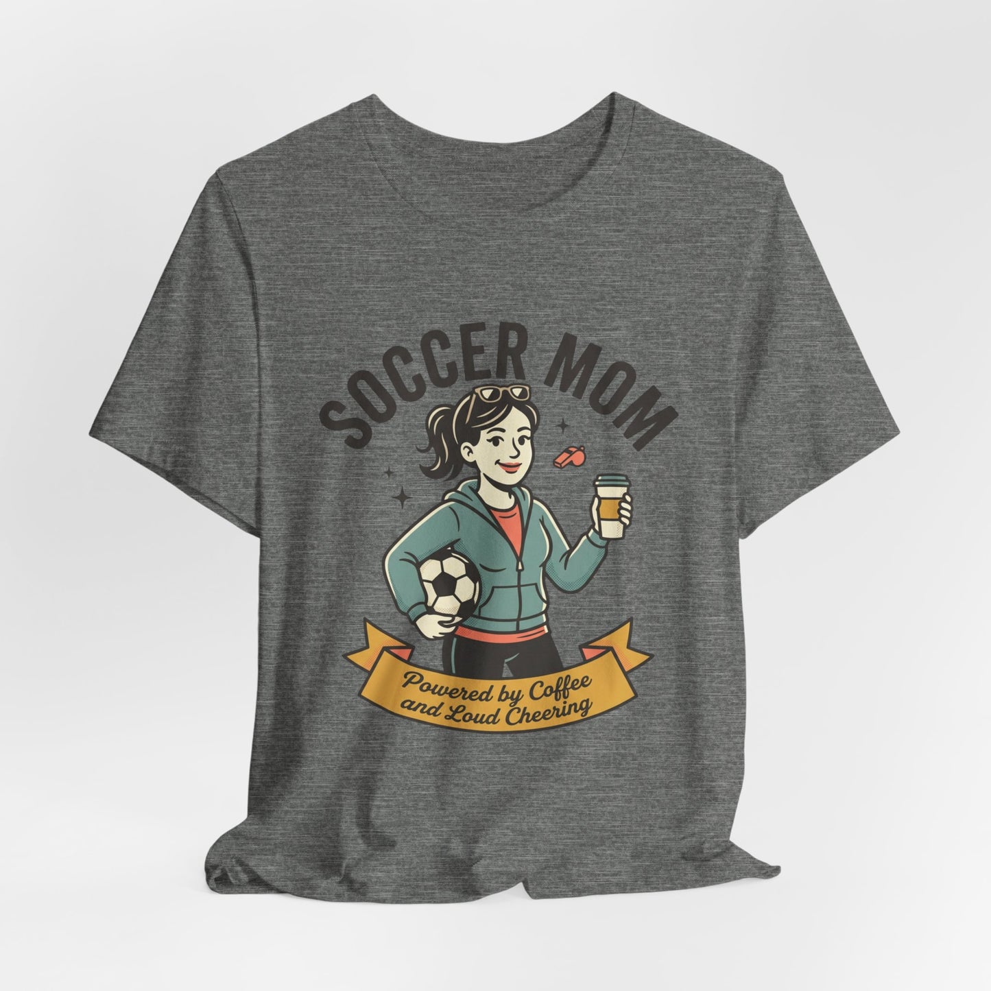 Soccer Mom T-Shirt – “Powered by Coffee and Loud Cheering” Graphic Tee