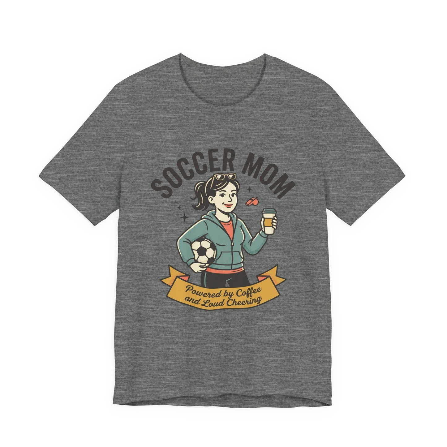 Soccer Mom T-Shirt – “Powered by Coffee and Loud Cheering” Graphic Tee