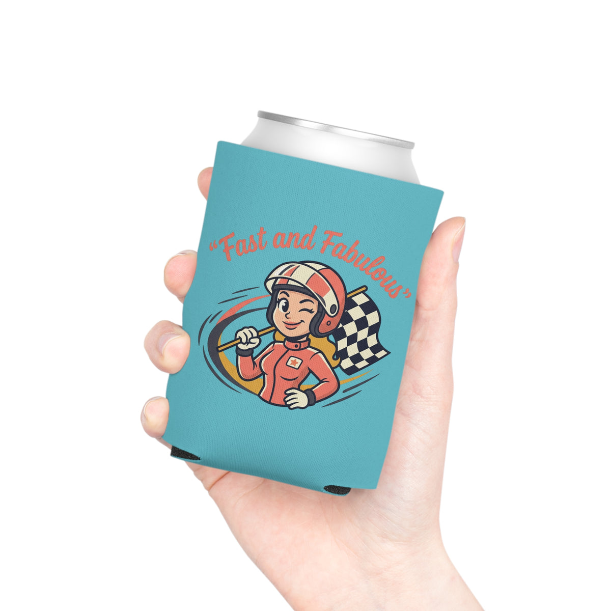 Can Cooler — "Fast and Fabulous" Retro Female Racecar Driver with Checkered Flag