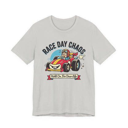 Race Day Chaos Tee — "Hold On For Dear Life" Racing Car Graphic Shirt