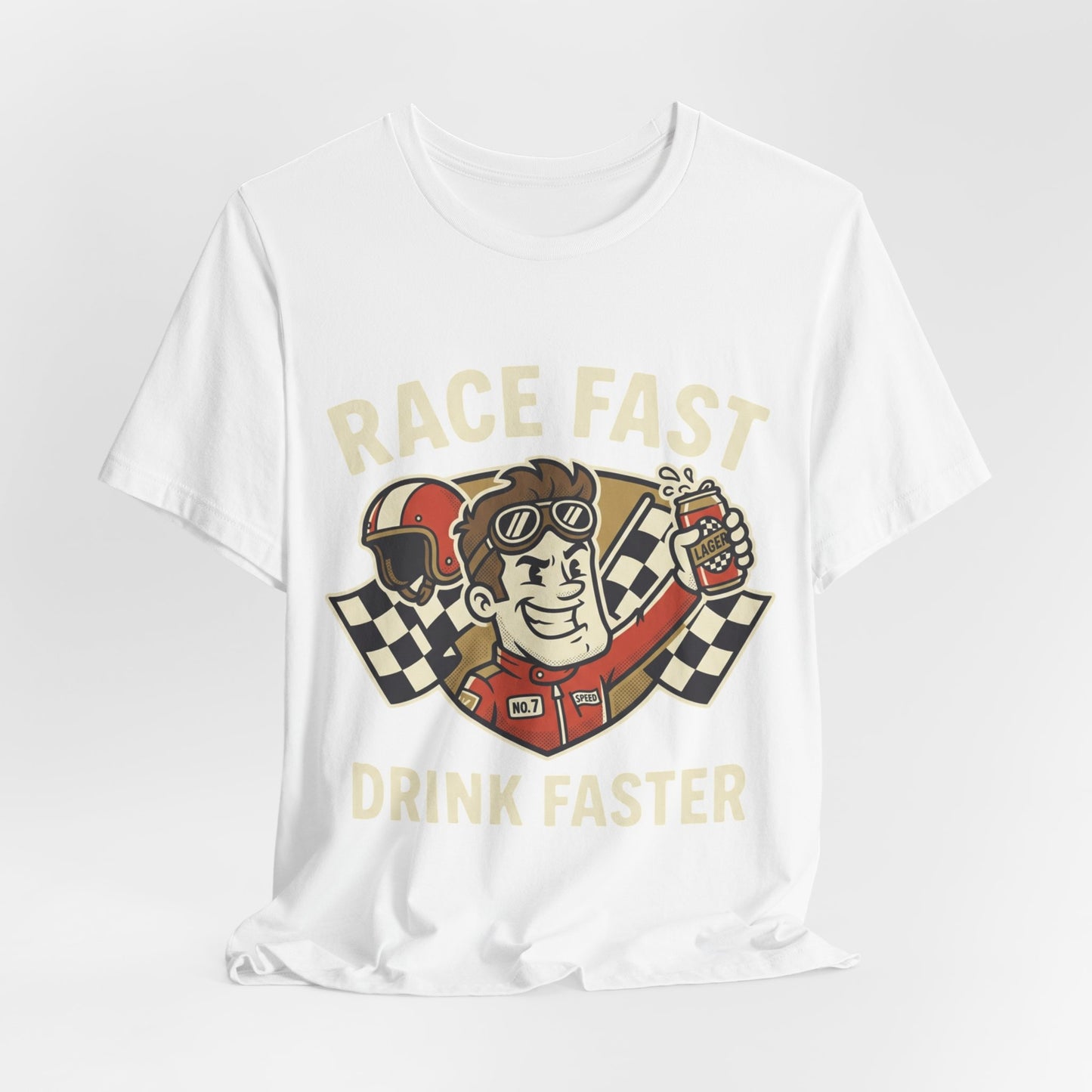 Race Fast Drink Faster Tee — Retro Racing Graphic T-Shirt