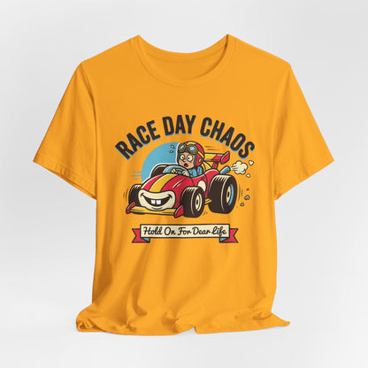 Race Day Chaos Tee — "Hold On For Dear Life" Racing Car Graphic Shirt