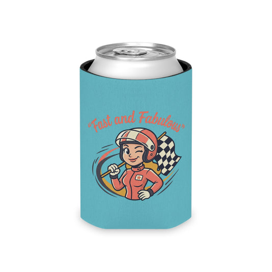 Can Cooler — "Fast and Fabulous" Retro Female Racecar Driver with Checkered Flag