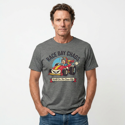 Race Day Chaos Tee — "Hold On For Dear Life" Racing Car Graphic Shirt