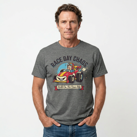 Race Day Chaos Tee — "Hold On For Dear Life" Racing Car Graphic Shirt