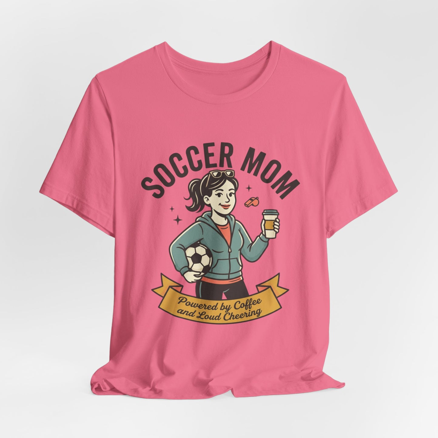 Soccer Mom T-Shirt – “Powered by Coffee and Loud Cheering” Graphic Tee