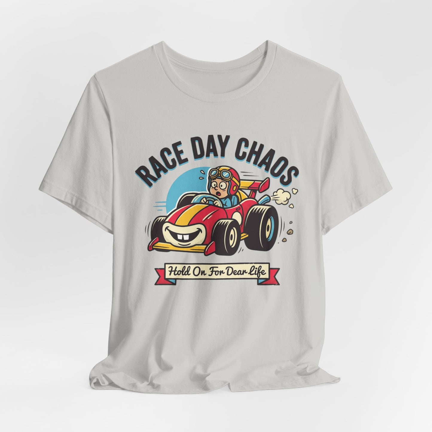 Race Day Chaos Tee — "Hold On For Dear Life" Racing Car Graphic Shirt