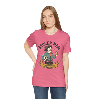 Soccer Mom T-Shirt – “Powered by Coffee and Loud Cheering” Graphic Tee