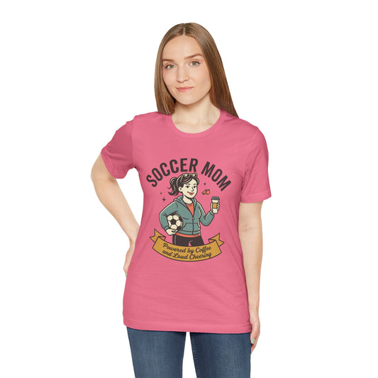 Soccer Mom T-Shirt – “Powered by Coffee and Loud Cheering” Graphic Tee