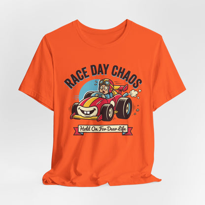 Race Day Chaos Tee — "Hold On For Dear Life" Racing Car Graphic Shirt