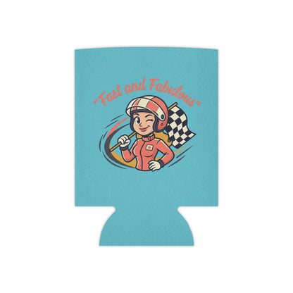 Can Cooler — "Fast and Fabulous" Retro Female Racecar Driver with Checkered Flag