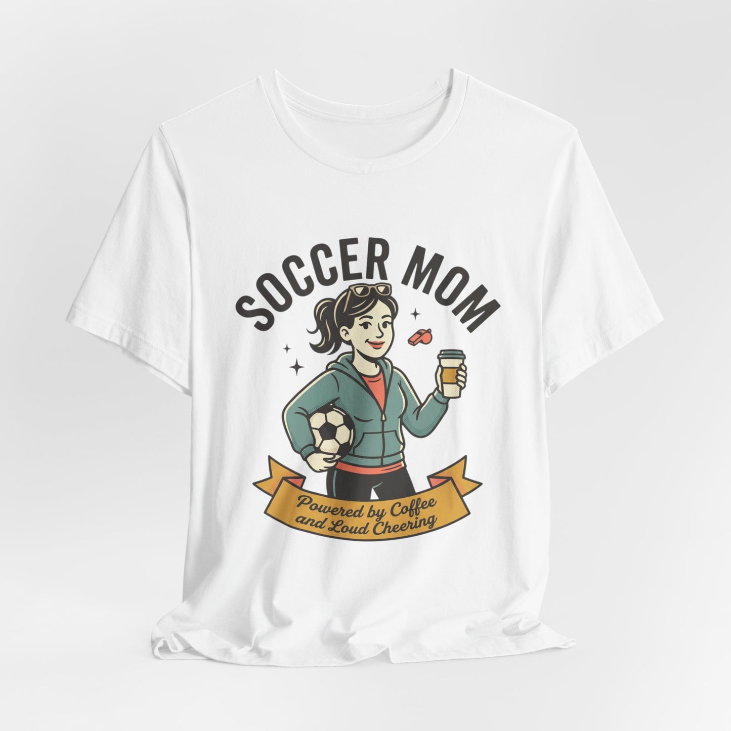 Soccer Mom T-Shirt – “Powered by Coffee and Loud Cheering” Graphic Tee