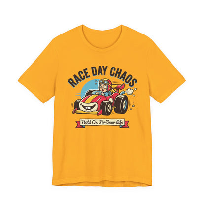 Race Day Chaos Tee — "Hold On For Dear Life" Racing Car Graphic Shirt