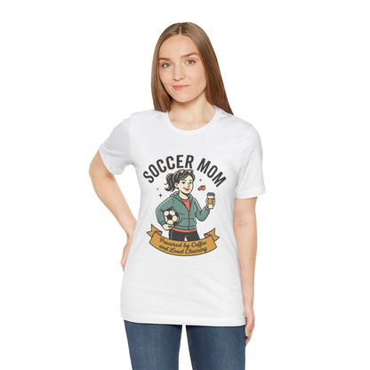 Soccer Mom T-Shirt – “Powered by Coffee and Loud Cheering” Graphic Tee