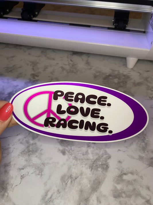 Peace. Love. Racing Bumper Sticker Decal