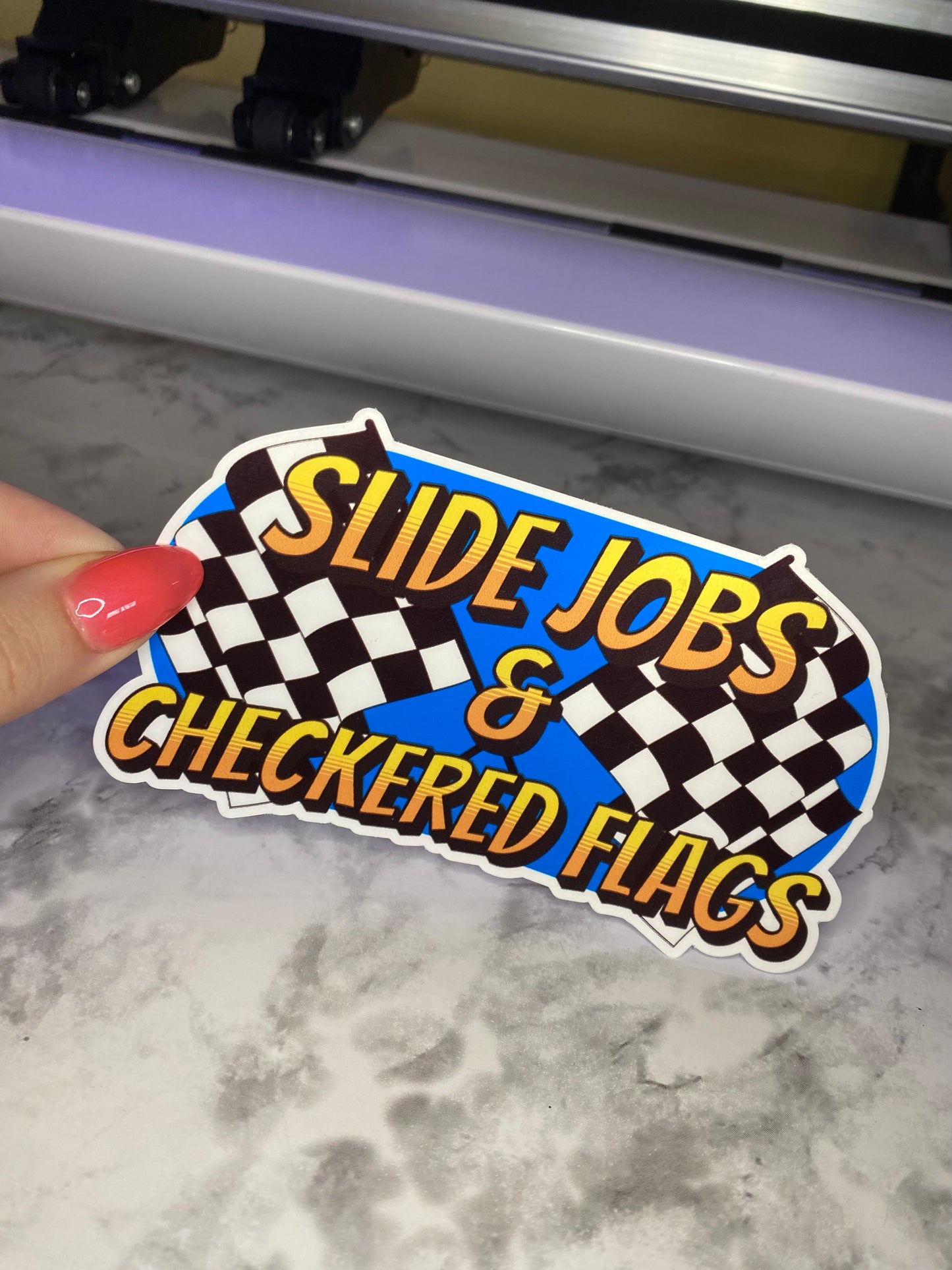 Slide Jobs And Checkered Flags Bumper Sticker Decal