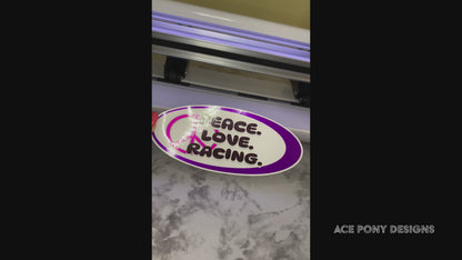 Peace. Love. Racing Bumper Sticker Decal